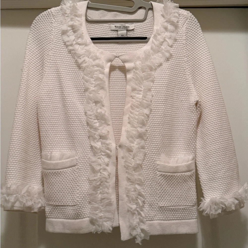 White Textured Cardigan with Ruffle Trim - Picture 2 of 6